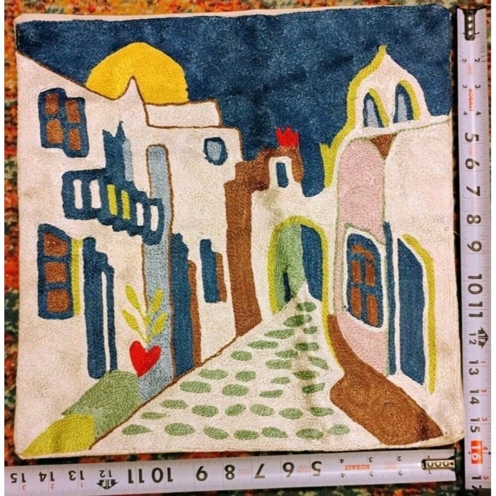 Vintage Greek Island Village Chain Stitch Embroidered Pillow Cover 16"